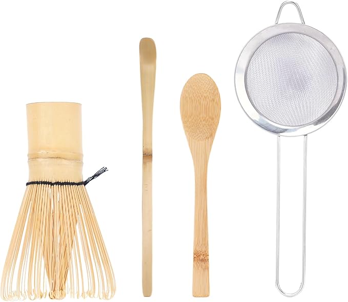 Bamboo Matcha Whisk Set 4pcs, Include Macha Bamboo Whisk (Chasen), Traditional Scoop Chashaku, Tea Spoon, Sifter, Traditional Japanese Tea Tools, Basic Matcha Tea Making Kit for Matcha Lovers