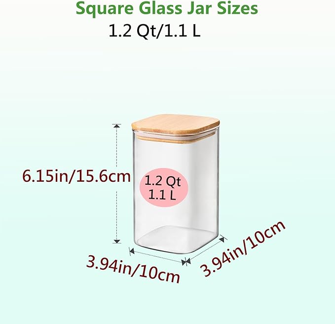 1.2 Qt Square Glass Storage Containers with Lids, glass jar with airtight lid, Glass Canister for Pantry Cookie Cereal Rice Sugar Tea Coffee Beans Spice, Square Set of 4