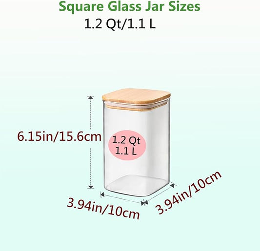 1.2 Qt Square Glass Storage Containers with Lids, glass jar with airtight lid, Glass Canister for Pantry Cookie Cereal Rice Sugar Tea Coffee Beans Spice, Square Set of 4