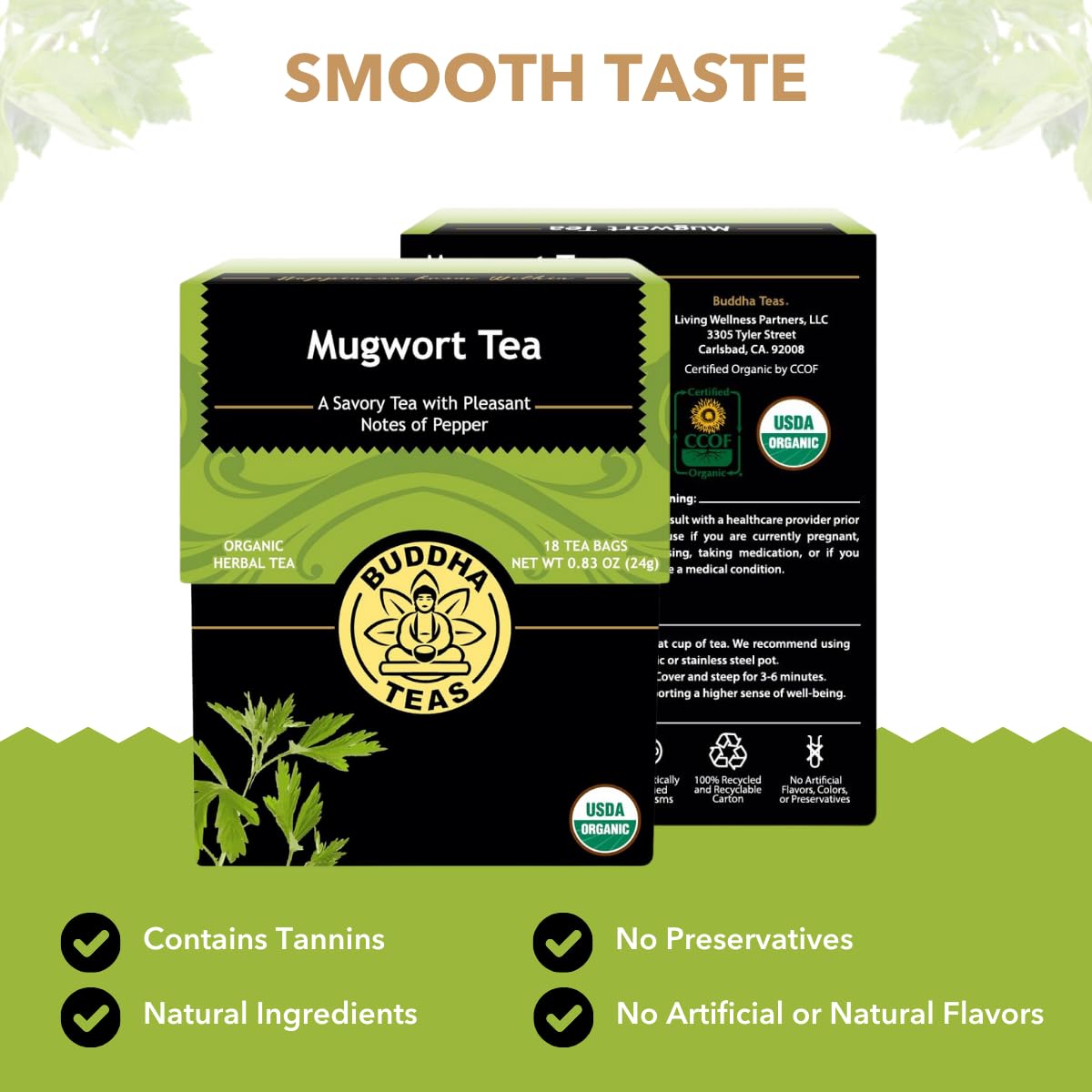 Buddha Teas Organic Mugwort Tea - Herbal Tea, Microplastic & Caffeine Free