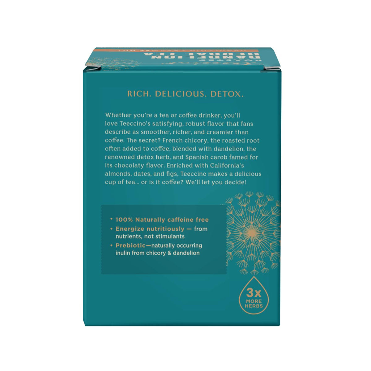 Teeccino Dandelion Caramel Nut Tea - 10 Tea Bags - Caffeine Free, Roasted Herbal Tea with Prebiotics, 3x More Herbs than Regular Tea Bags, Gluten Free