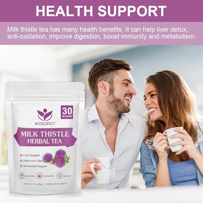 Wogorgt Dried Milk Thistle Tea - Organic Milk Thistle Herbal Tea, Antioxidant and Immune Support, Caffeine Free - 30 Tea Bags