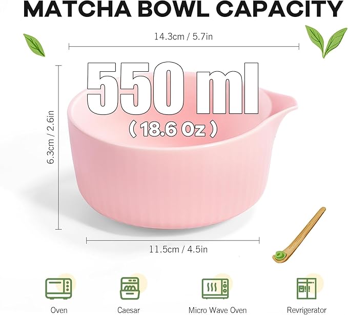 Pink Traditional Matcha Set Whisk and Bowl, 8 Pcs Matcha Making Kit Includes Ceramic Bowl with Spout, Bamboo Whisk, Holder, Scoop, Sifter