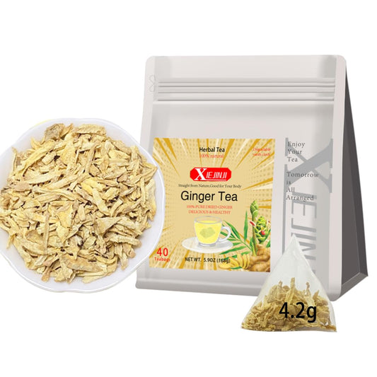XIEJINJI Ginger Tea Bags, 100% Pure Dry Ginger Root, 4.2g x 40 Teabags, Re-usable for Brew, Spicy Digestive Ease, Eco-Conscious Tea Bags, Resealable Bag