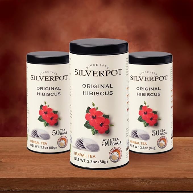 Silverpot Original Hibiscus - 50 Round Tea Bags | 100% Natural | Sweet, Floral Aroma | Caffeine Free | Reusable Tin