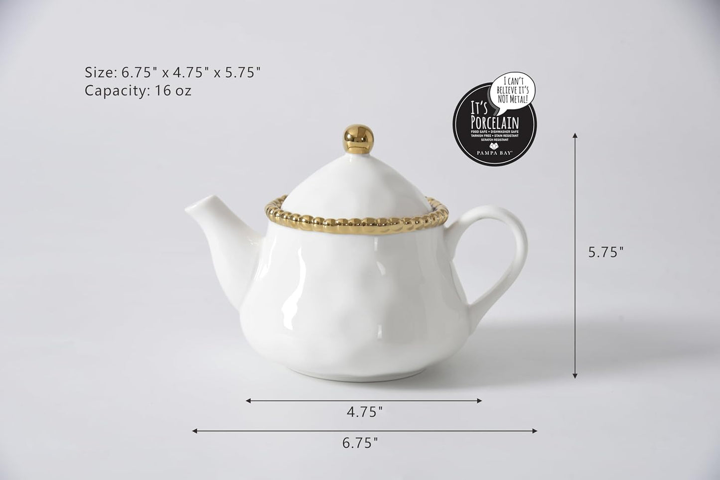 Pampa Bay Salerno Tea Pot with Cover, 16 oz, 6.75 x 4.75 x 5.75 Inches, White with Silver Beading