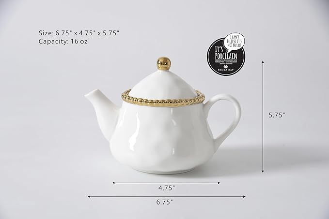 Pampa Bay Salerno Tea Pot with Cover (White with Silver Beading)