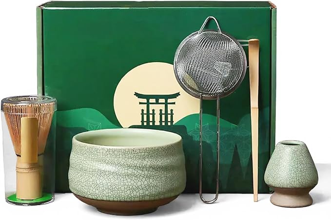Matcha Whisk Kit Set with Matcha Bowl, Matcha Bamboo Whisk, Scoop, Sifter, Whisk Holder Tea Accessories Gift for Tea Lovers(Celadon)