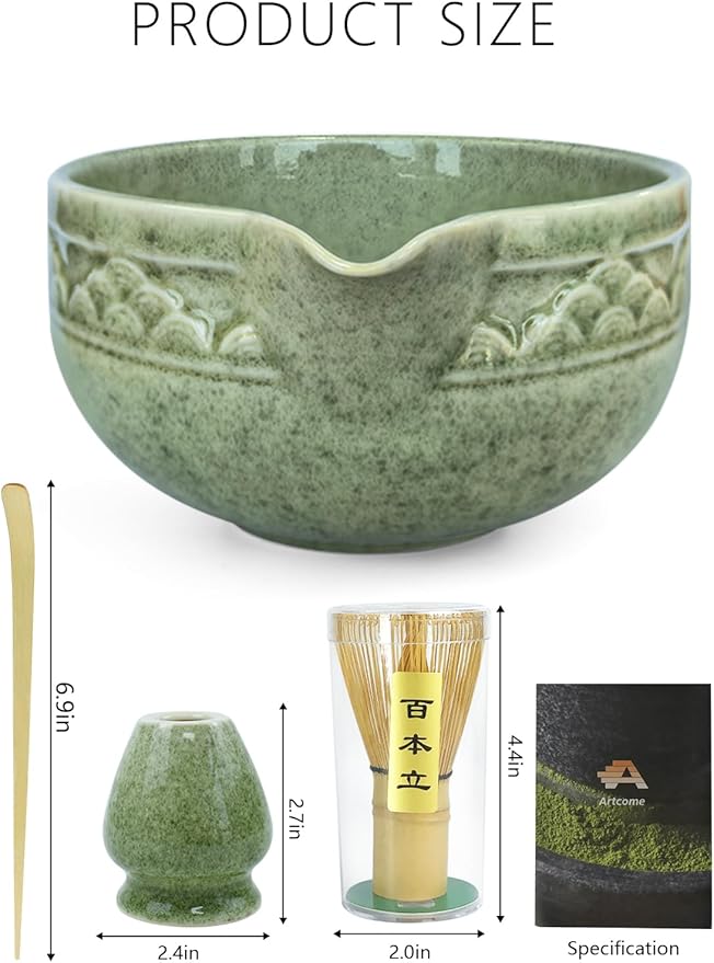 Artcome Matcha Tea Set with Pouring Spout - Green Ceramic Matcha Bowl, Bamboo Whisk, Whisk Holder