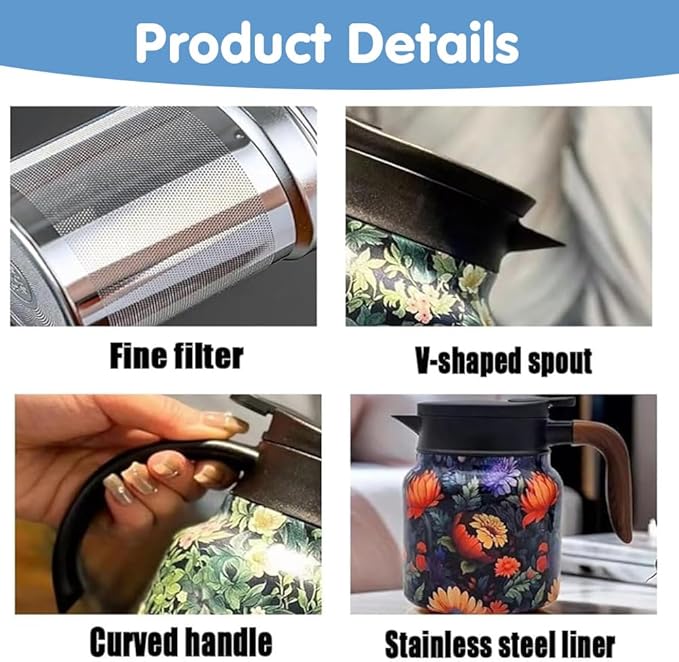 Vintage Floral Pattern Tea Pots – Built-in Infuser,Vintage Floral Teapot with Built In Infuser Stainless Steel Thermal Carafe with Lid for Hot Drinks