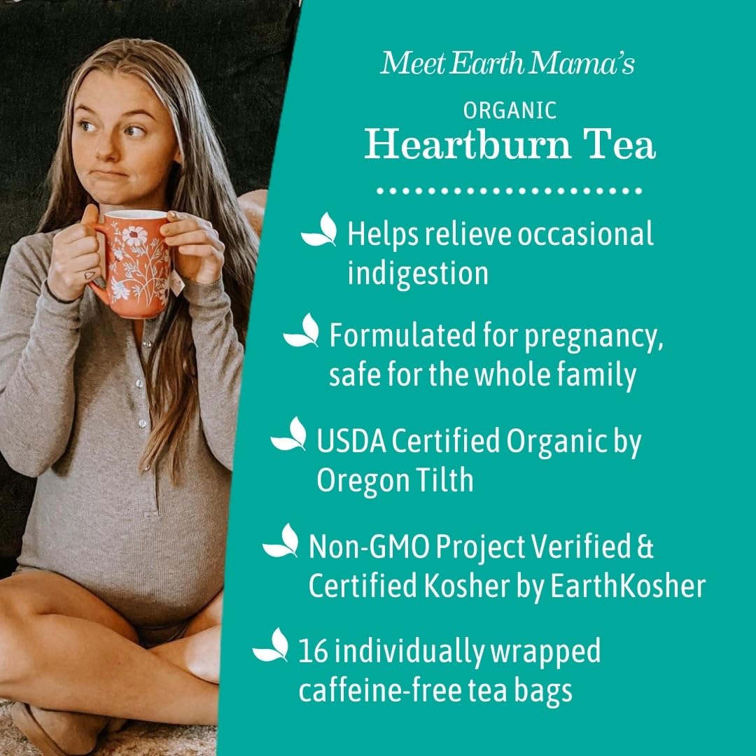 Earth Mama Organic Heartburn Tea | Pregnancy-Safe Soothing Herbal Blend with Marshmallow Root, Lemon Balm & Chamomile, 16 Teabags Per Box