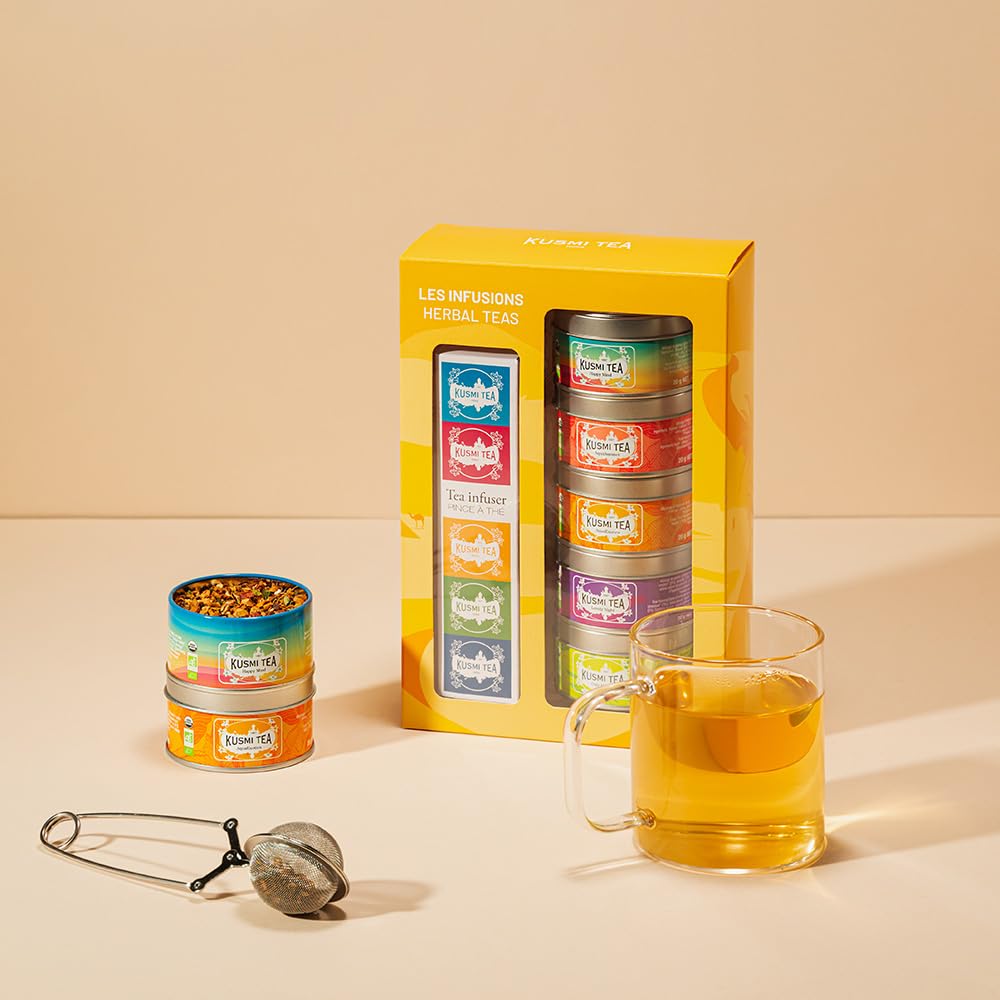 Kusmi Tea - Organic Herbal Tea Gift Set + Tea Infuser- Gift Idea for Men and Women - Caffeine-Free Teas - Hibiscus Tea, Chamomile Tea, Ginger Tea - Loose Leaf Tea - 5 Tins of 0,9 oz