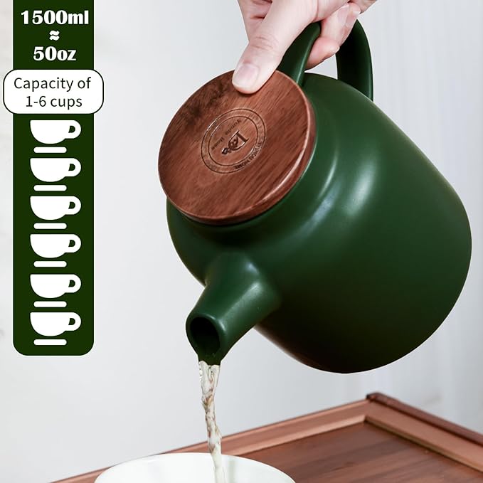 Yundu 1500ml / 50 oz Ceramic Teapot with Infuser & Wood Lid - Matte Green, Loose Leaf Tea Pot with Removable Strainer, Large Capacity