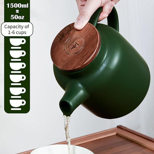 Yundu 1500ml / 50 oz Ceramic Teapot with Infuser & Wood Lid - Matte Green, Loose Leaf Tea Pot with Removable Strainer, Large Capacity
