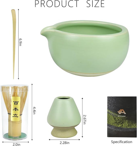 Artcome 4 Pcs Complete Matcha Ceremony Kit - Japanese Bowl With Pouring Spout, Whisk, Holder, Scoop - Tea Set for Making Usucha