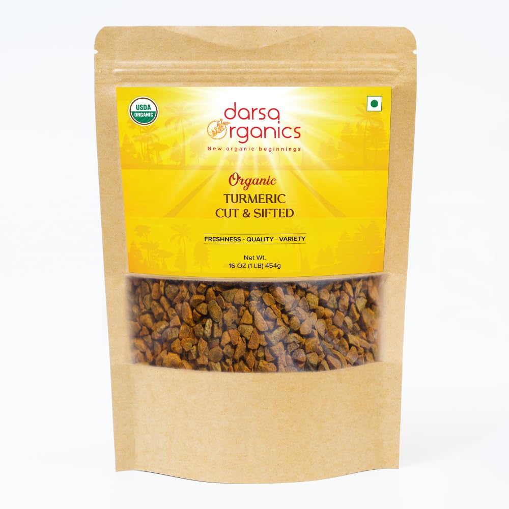 Darsa Organics Turmeric Root (Cut & Sifted) 16 oz, Premium Grade USDA Organic Curcuma longa, Great for Teas, Smoothies, Pickling & Golden Milk, Non-GMO, Gluten-Free, Vegan, Kosher