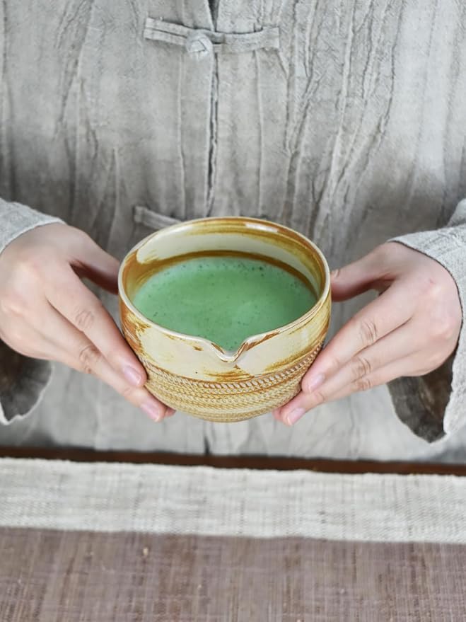 Matcha Tea Set – 4 Piece Traditional Japanese Matcha Kit with Beige & Brown Ceramic Spout Bowl, Whisk, Holder, Scoop & Guide