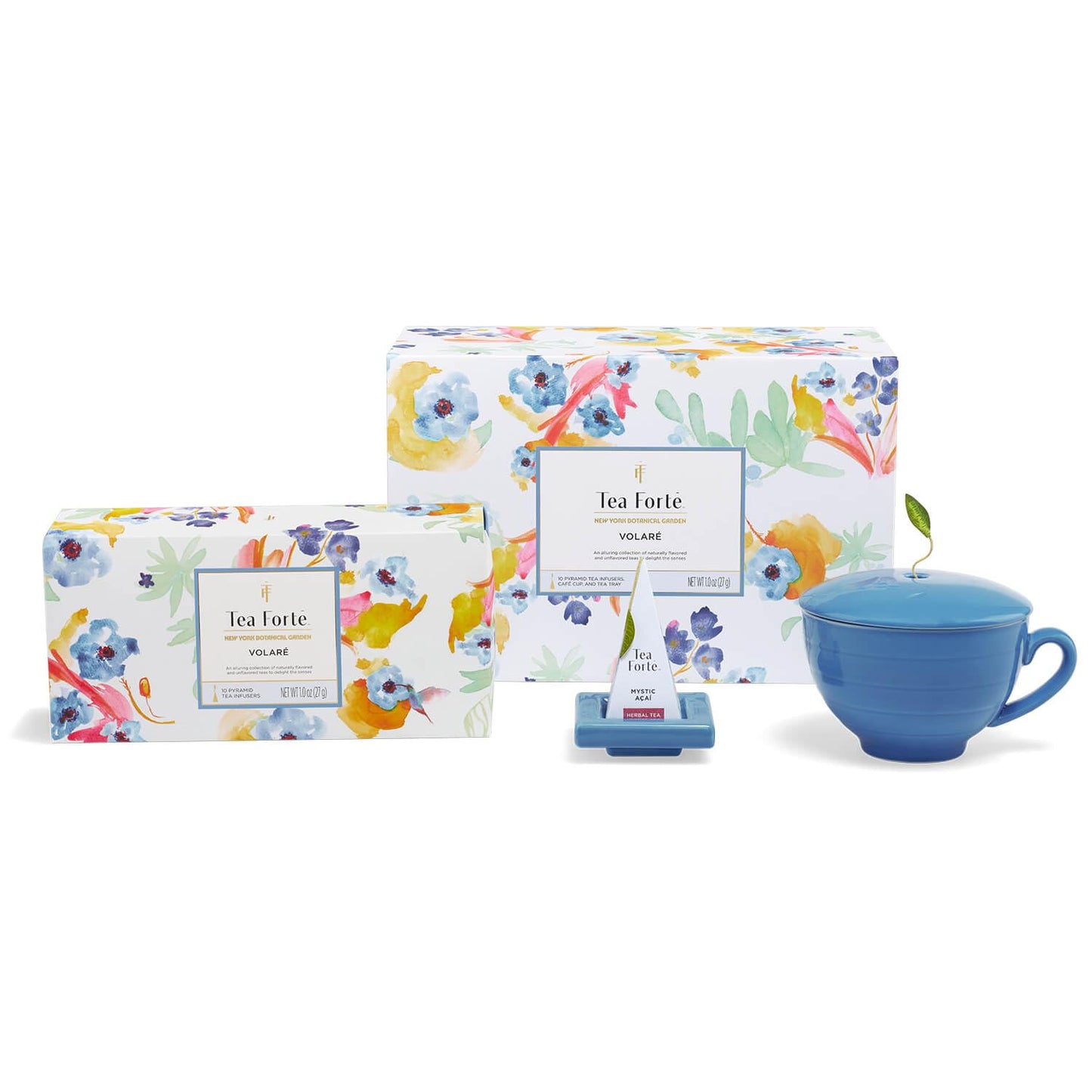 Tea Forte Café Cup Tea Gift Set, Volare, 10 Pyramid Infusers | 8 oz Porcelain Tea Cup, Lid &amp; Tea Tray - 2 of Each Blend - Individually Wrapped - Giftable Presentation Box