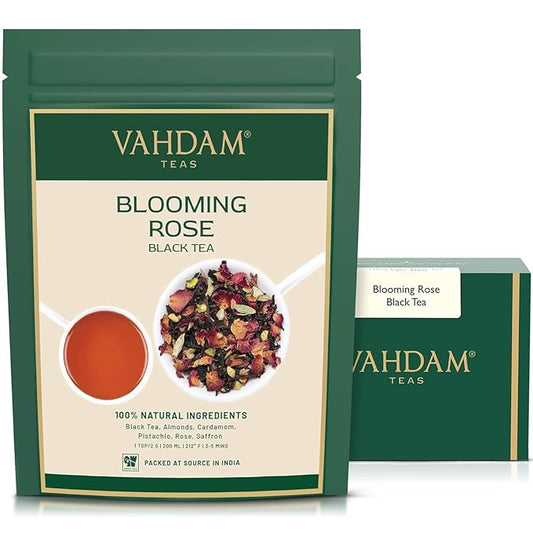 VAHDAM, Blooming Rose Black Tea - Premium Black Tea with Rose Petals (3.5oz) DELICIOUS & AROMATIC Black Tea Loose Leaf with Fragrant Rose Petals | Vacuum Sealed Pack