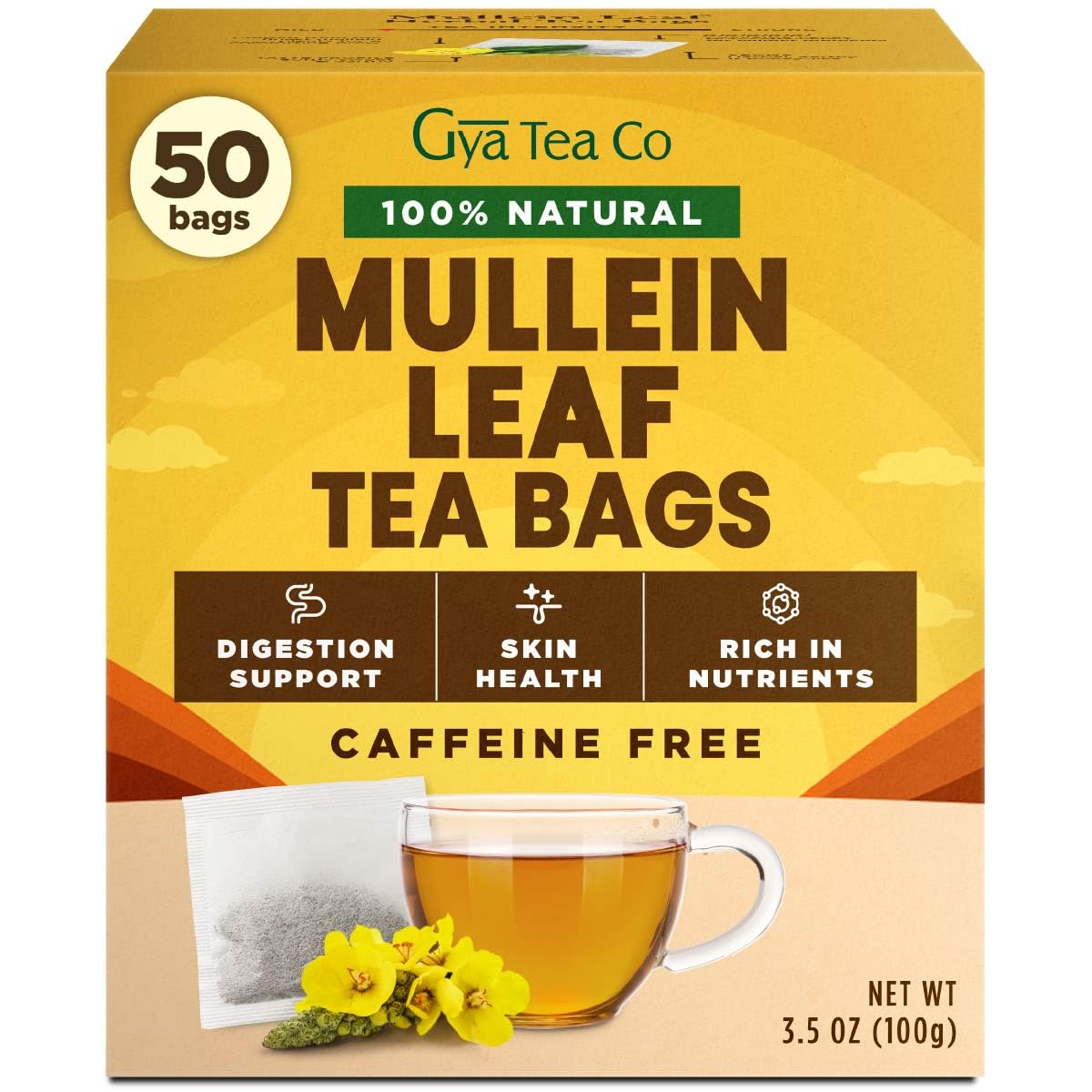 Mullein Leaf Tea Bags 50 Count - 100% Natural Caffeine Free Herbal Tea