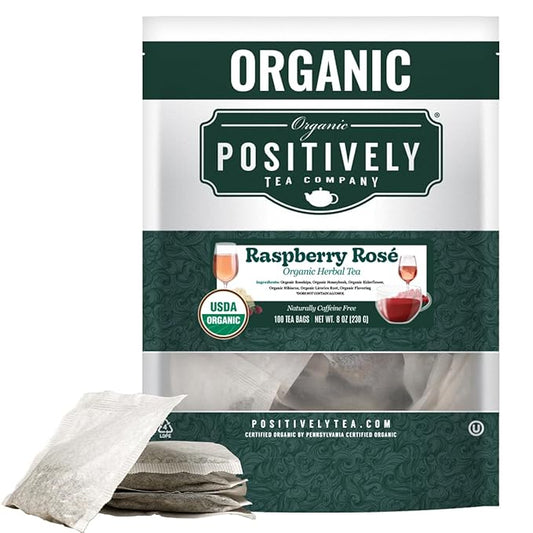 Organic Positively Tea Company, Raspberry Rosé, Herbal Tea Bags, 100 Count, Eco-Friendly Tea Bags, Non-GMO
