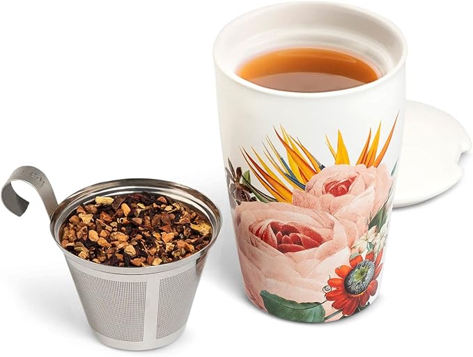 Tea Forte Double-Walled Ceramic Kati Cup, Removable Stainless Steel Infuser Basket and Lid, Steeps 12 oz Loose Leaf Tea, Dishwasher & Microwave Safe