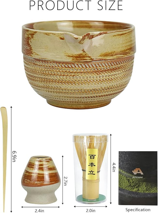 Matcha Tea Set – 4 Piece Traditional Japanese Matcha Kit with Beige & Brown Ceramic Spout Bowl, Whisk, Holder, Scoop & Guide
