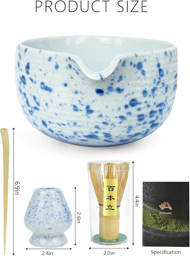 Artcome Matcha Tea Set - Ceramic Matcha Bowl with Pouring Spout, Bamboo Whisk, Whisk Holder, Tea Scoop & Matcha Manual
