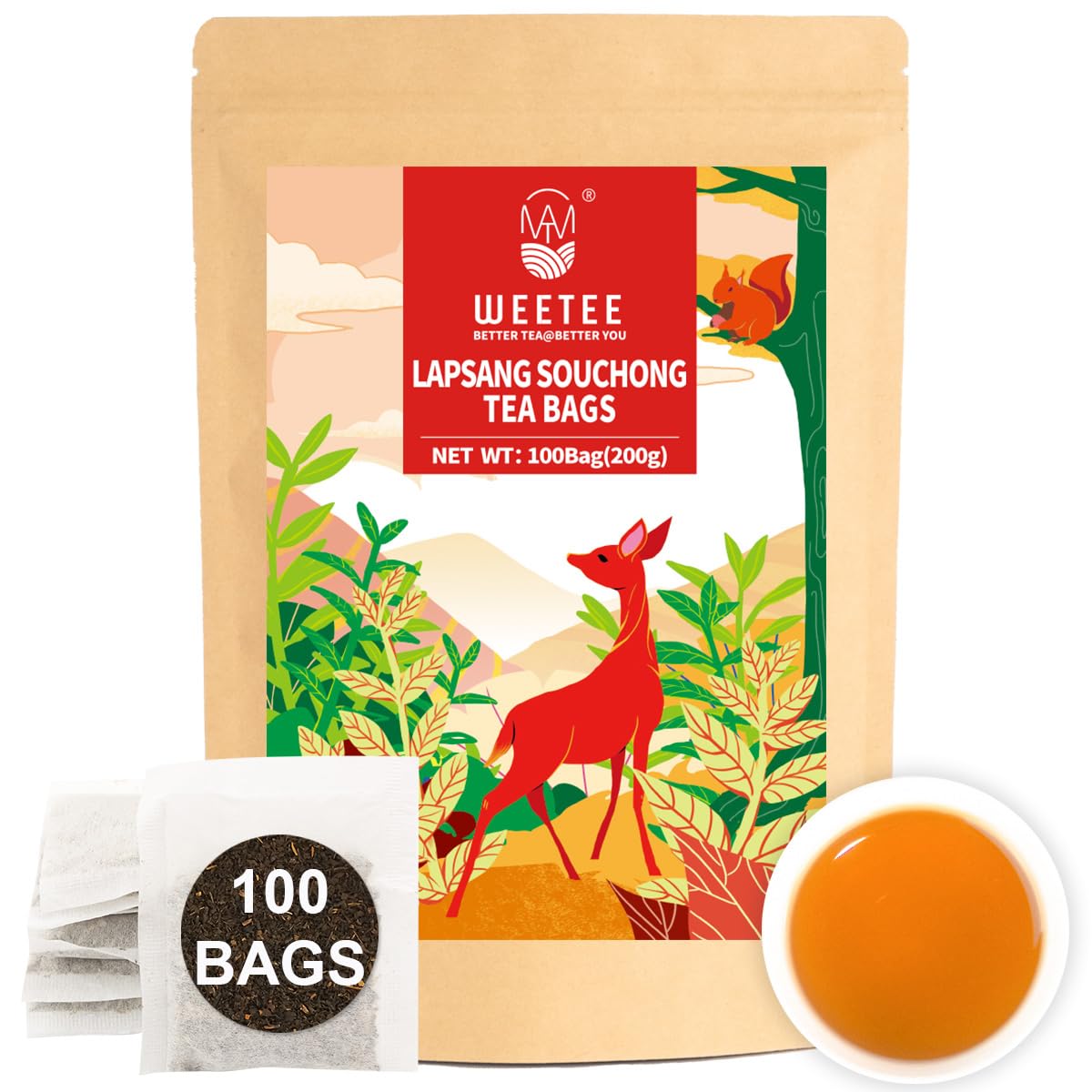 WT WEETEE Lapsang Souchong Tea Bags, 100 Count Smoky Black Tea, Natural Caffeine & Antioxidant, Classic Specialty Chinese Tea, Resealable Kraft Bag | Brew Hot or Iced