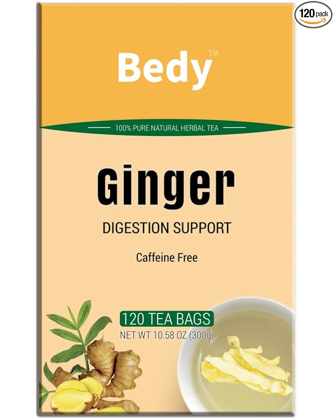 Bedy Ginger Tea Supports Healthy Digestion, Pure Natural Herbal Tea, Spicy & Warm, Caffeine Free, 120 Teabags Individually Wrapped