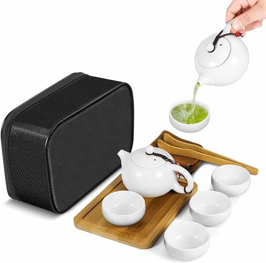 Flexzion Chinese Japanese Vintage Kungfu Gongfu Tea Set Portable Travel Teapot, White Porcelain Porcelain Ceramic Tea Pot, 4 Tea Cup, Bamboo Tea Tray