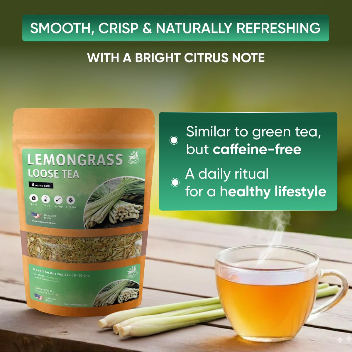 Lemongrass Leaf Loose Tea – 8oz Size (Premium Dried Lemongrass Loose Leaf Tea - 4 oz), Natural Extract Caffeine-Free Herbal Tea for Relaxation, Wallness with Smooth Taste