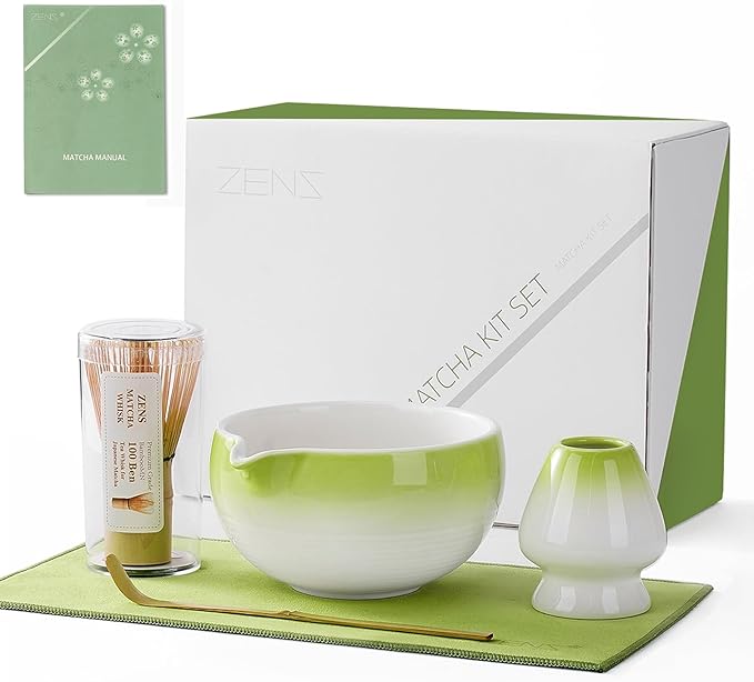 ZENS Matcha Whisk Set, 5pcs Matcah Kit Includes Ceramic Bowl with Spout, Handcrafted Bamboo Whisk, (Chasen) Holder, Scoop & Tea Mat, Matcha Set Gift for Tea Ceremony, Green