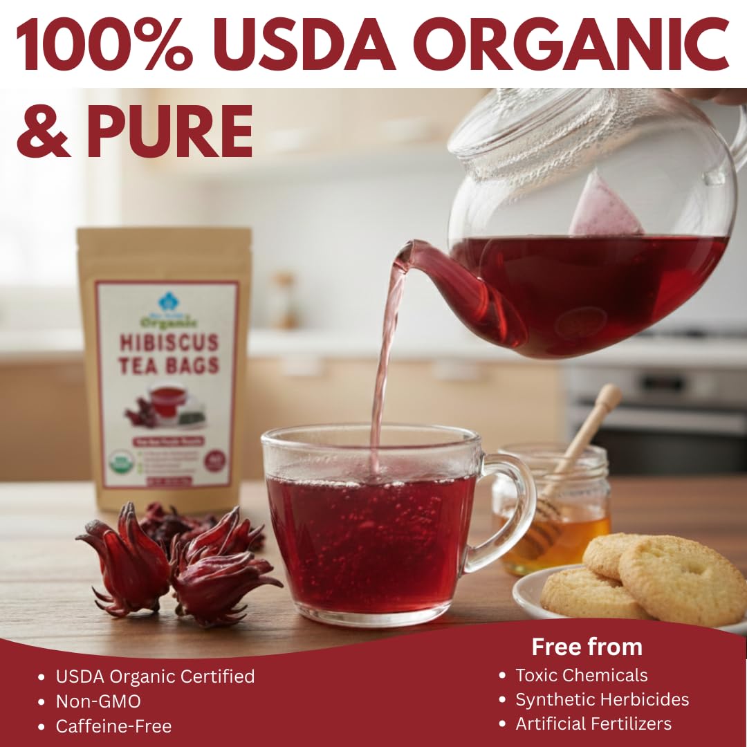 Organic Hibiscus Tea Bags 40 Count | Rare Variety Thai Red Purple Hibiscus Loose Flowers in Unbleached Sachets | Small Lot Eco-Farmed