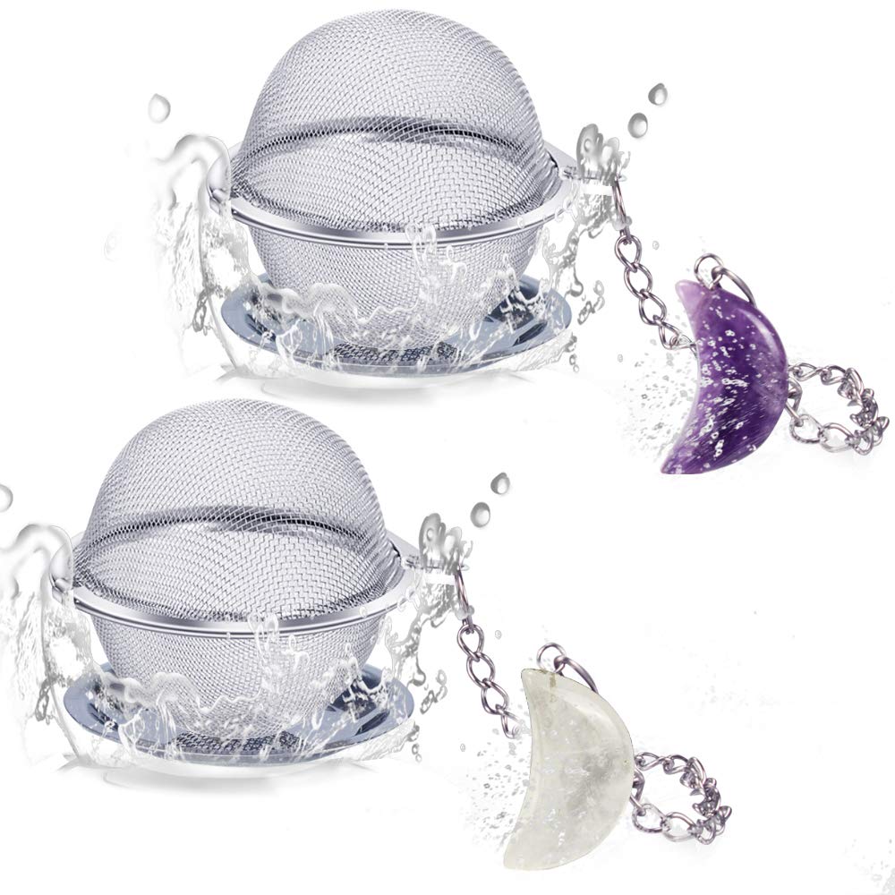 2pcs Tea Strainers, Scdom Stainless Steel Ball Mesh Tea Infusers, Amethyst & White Crystal Moon Pendant Tea Ball Tea Filter