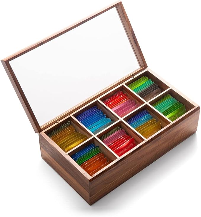 Ironwood Cornwall Tea Box, 8 Compartment Tea Organizer, Acacia Wood