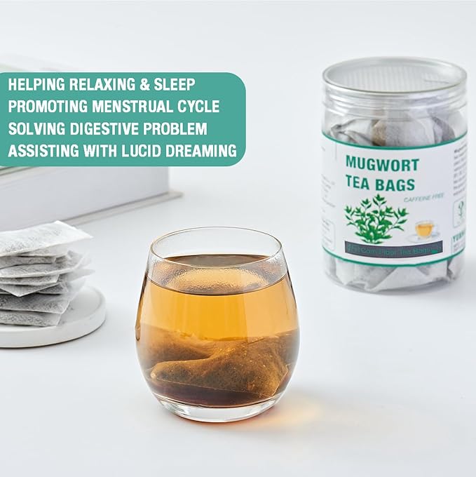 50 Mugwort Tea Bags, Natural Dried Chinese Mugwort Herb Tea, Artemisia Wormwood Tea, Caffeine Free, Help Sleep, Lucid Dreaming, Relax, Digestion