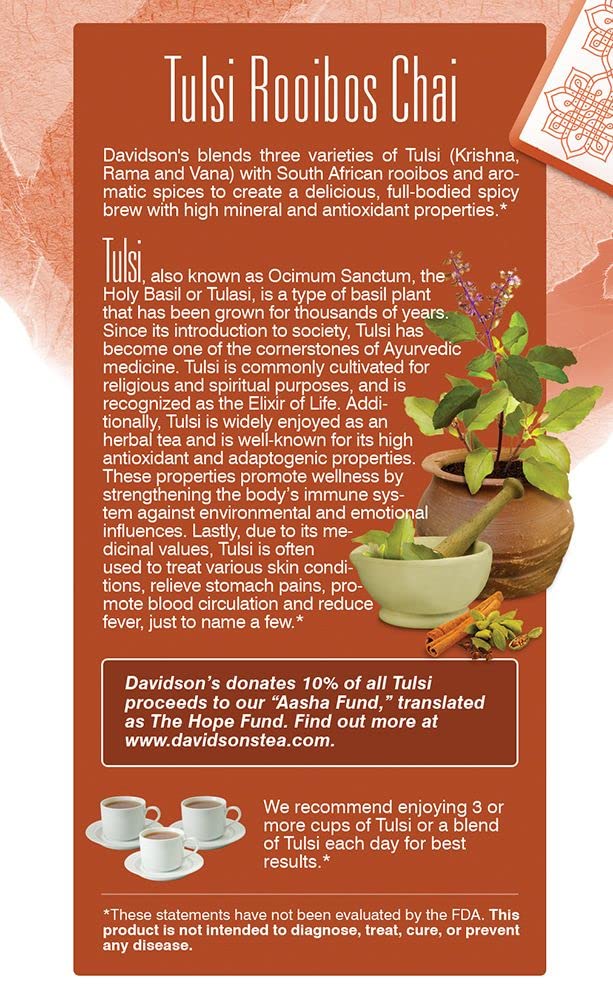 Davidson's Organics, Tulsi Rooibos Chai, 25-count Tea Bags, Pack of 6