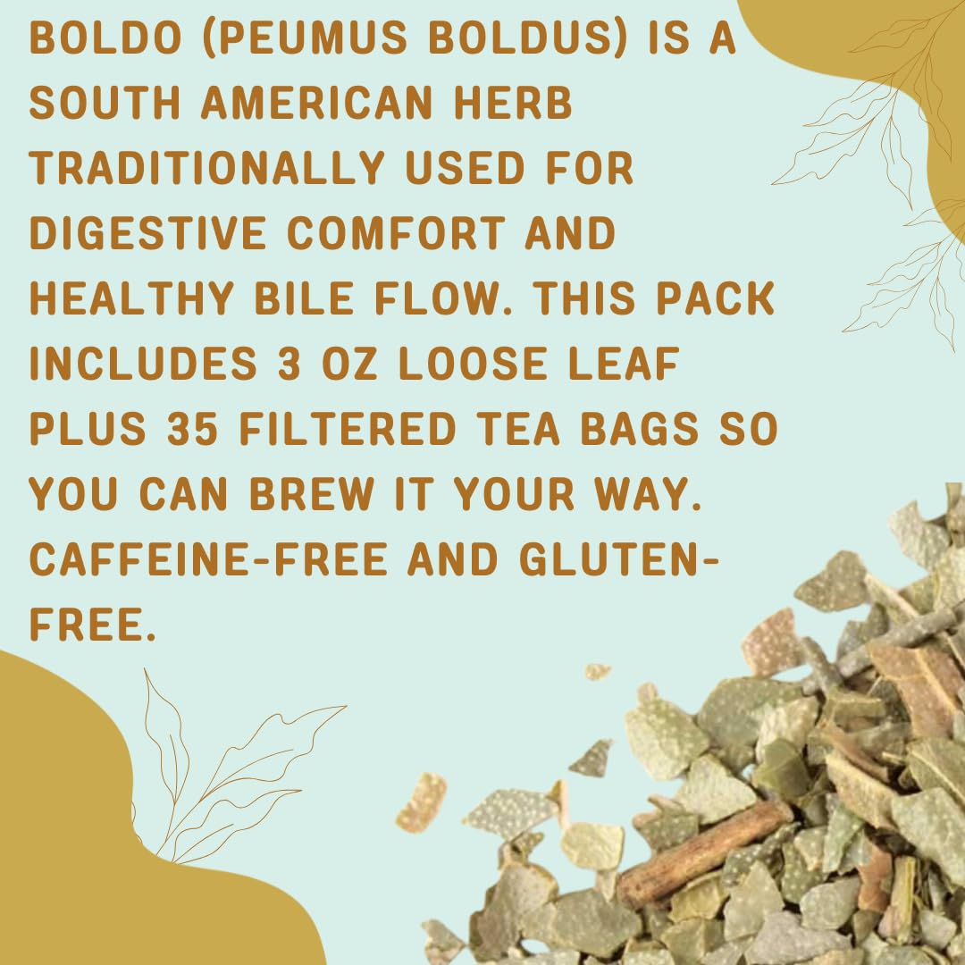 Boldo Herbal Tea — Traditionally Used for Digestive Comfort &amp; Healthy Bile Flow | 35 Filtered Tea Bags Included | Caffeine-Free, Gluten-Free | 3 oz Loose Leaf