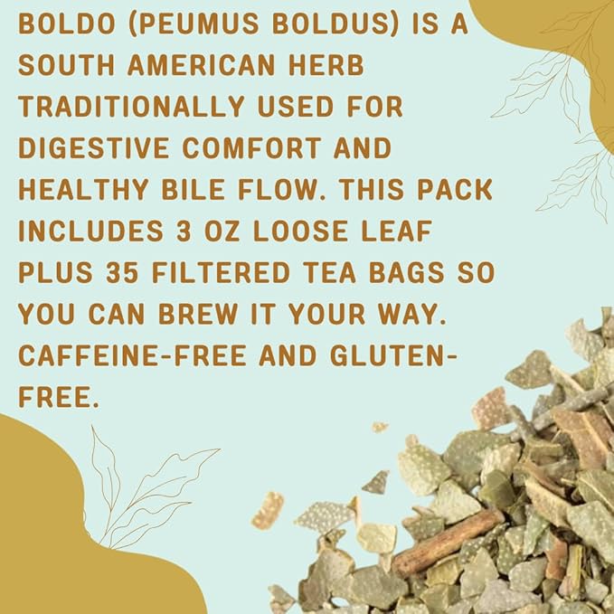 Boldo Herbal Tea — Traditionally Used for Digestive Comfort & Healthy Bile Flow, 35 Filtered Tea Bags Included, Caffeine-Free, Gluten-Free