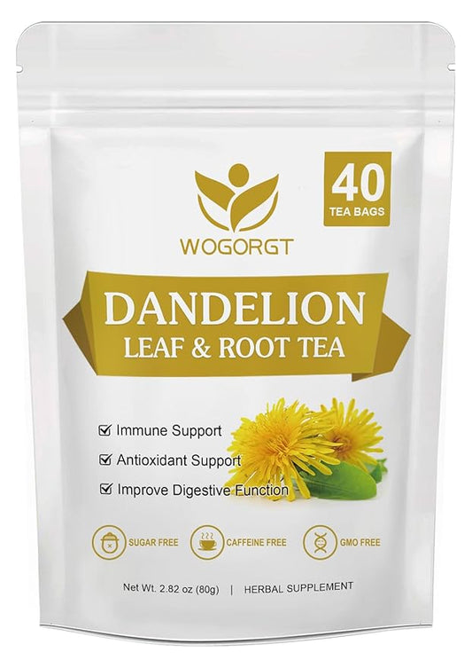 Dried Dandelion Leaf & Root Tea - Natural Dandelion Herbal Tea, Antioxidant, Digestion and Immune Support, Caffeine Free - 40 Tea Bags