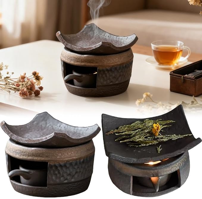 Ceramic Tea Stove Warmer Set, Cedar and Zen Aromatherapy Burner,Handmade Ceramic Candle Wax Melts Warmer with Tealight Holder,Multi-Functional Teapot and Heater,for Home Office Hotel Meditation (A)