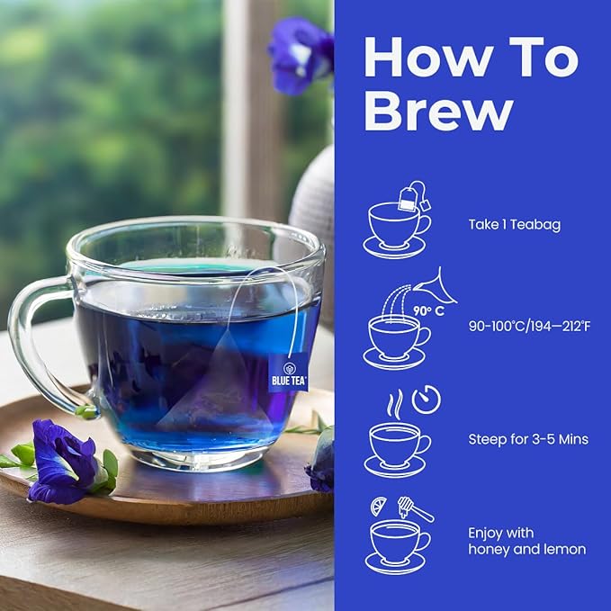 BLUE TEA - Butterfly Pea Flower Tea - 25 Count - Plant Based Tea Bags | Antioxidant Rich | Herbal Tea - Caffeine free - Non Bitter - No Preservatives - Chemical Free | Single Tear Box | Easy Pull Sachets