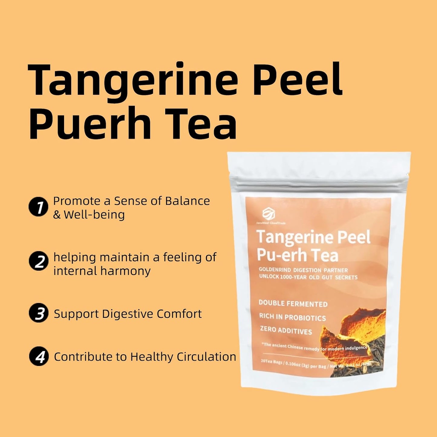 Tangerine Peel Puerh Tea Bags - Chenpi &amp; Puer Herbal Blend for Digestive Aid &amp; Wellness, Ripe fermented Tea with Natural Mandarin Aroma, Traditional Chinese Tea 2.12oz 20 Bags, AeroMind CloudTrade