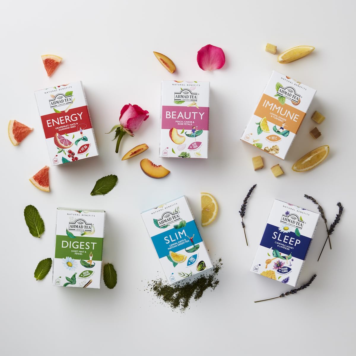 Ahmad Tea Natural Benefit Functional Tea Selection Pack | Green teas, Fruit & Herbal Infusions | Perfect herbal tea gift - 60 Teabag Sachets | 6 blends