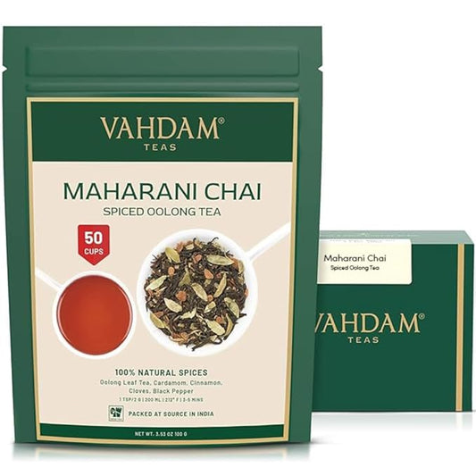 VAHDAM Maharani Chai Oolong Tea (50 Cups) | 100% NATURAL SPICES | Masala Chai Tea Loose Leaf | Cardamom, Cinnamon, Clove, Black Pepper | Spiced Chai Tea | Brew Hot or Iced | 100gm