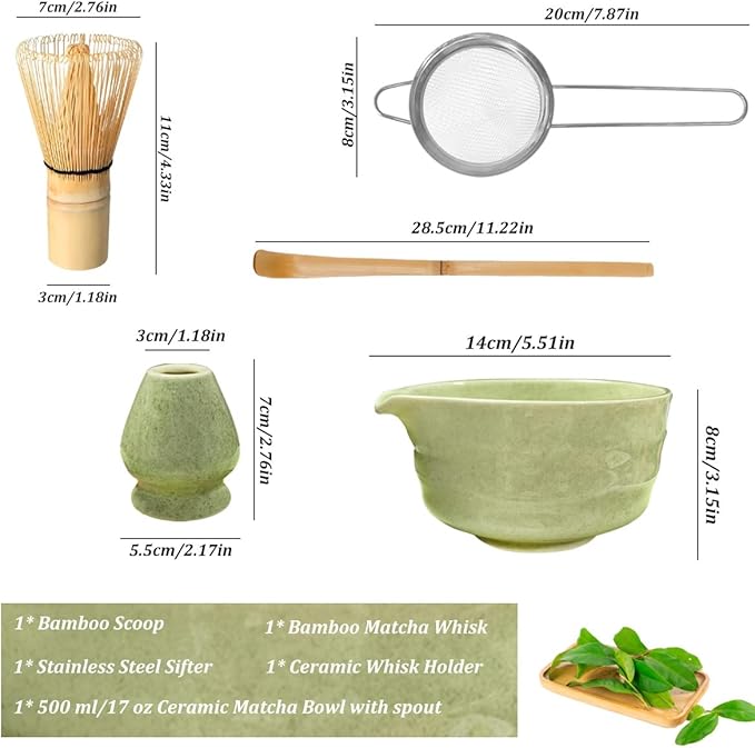 Matcha Whisk Set, 5 Pcs Matcha Kit for Matcha Lovers, 17 OZ Matcha Bowl with Spout, Bamboo Whisk, Scoop, Stainless Sifter and Ceramic Whisk Holder, Unique Gifts for Tea Enthusiasts Birthday Christmas