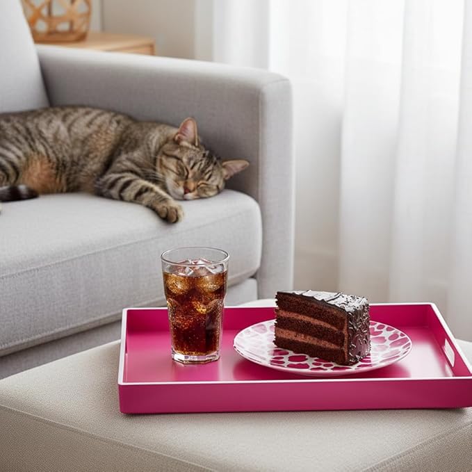 Zosenley Decorative Tray, Rectangular Plastic Tray with Handles, Modern Vanity Tray and Serving Tray for Bathroom, Kitchen, Ottoman and Coffee Table, 15.6” x 10.2” (White Border Rose red)