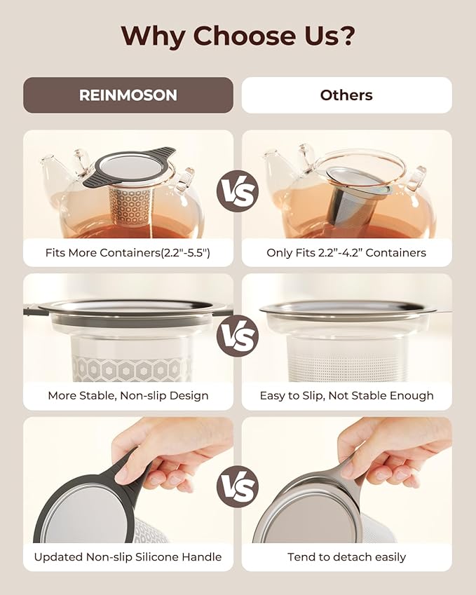 Reinmoson 2 Pack Extra Fine Mesh Tea Strainers for Loose Tea Single Cup, 304 Stainless Steel and Food Grade Silicone Loose Leaf Tea Steeper Tea