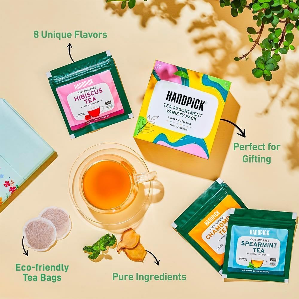 HANDPICK, Tea Bags Sampler Assortment Variety pack Gift Box 8 Flavors, 40 Tea Bags - Perfect Variety | English Breakfast, Green, Black, Herbal & More | Gifts for Him/Her | Sampler, Assortment, Variety pack, Gift Box